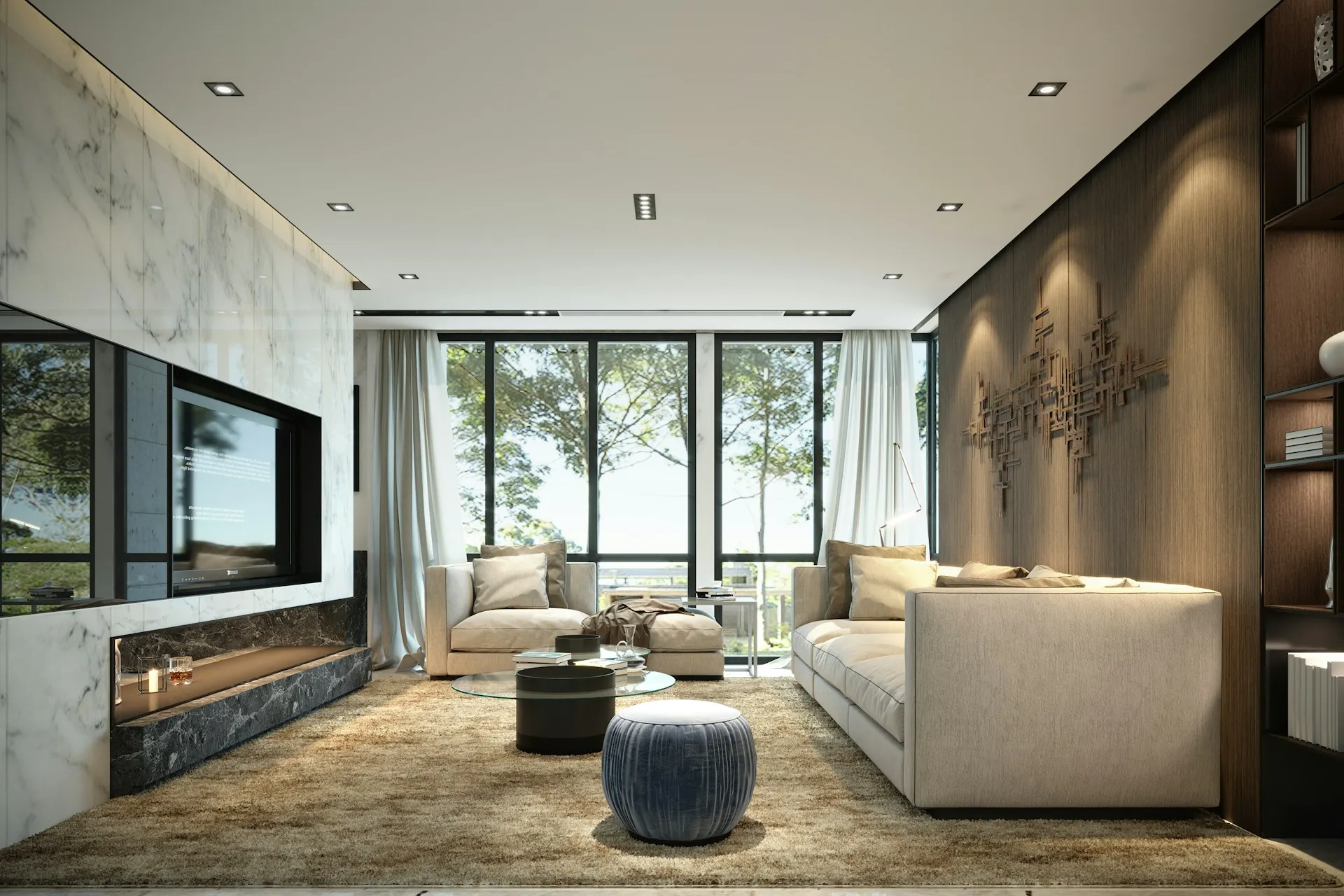 Modern living room with large windows and open layout.